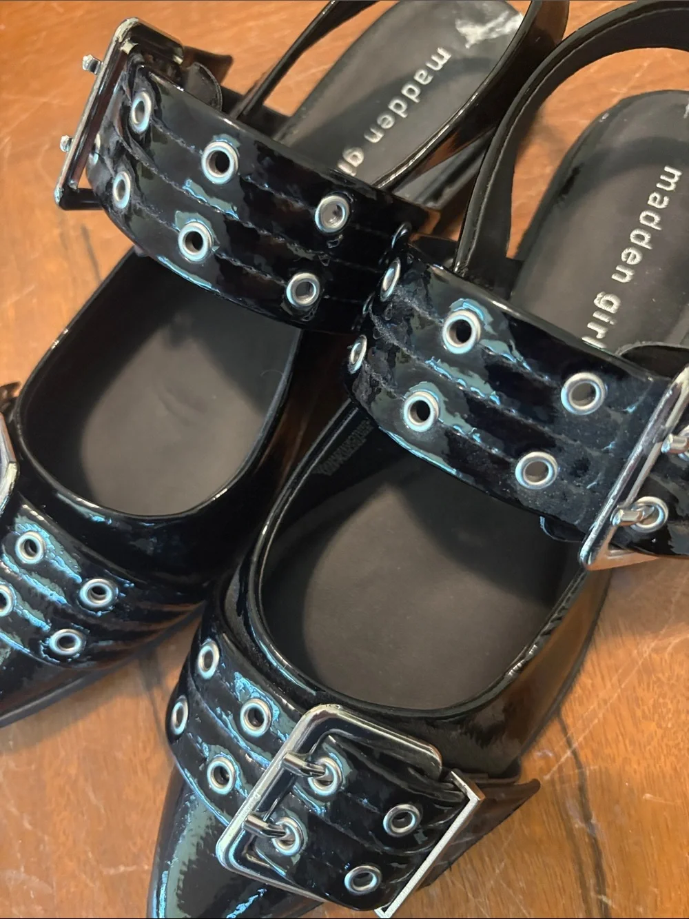 Madden Girl Black Patent Double Buckle Slingback Flats